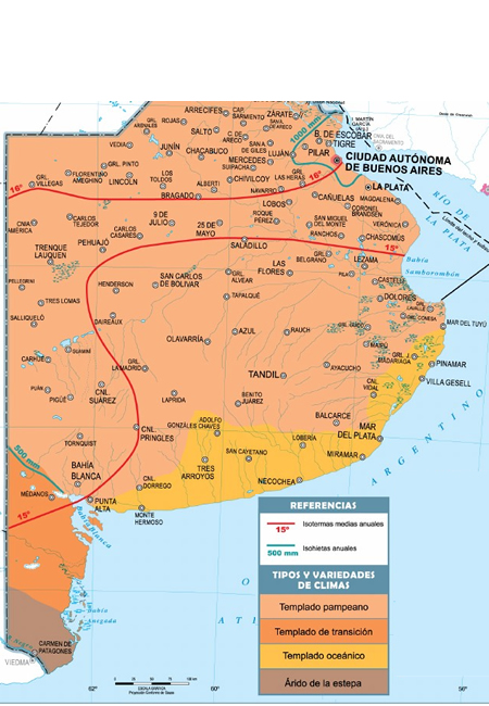 En este mapa climático de la Provincia de Buenos Aires se ven los distintos climas, así como las isotermas e isohietas medias anuales que la atraviesan.