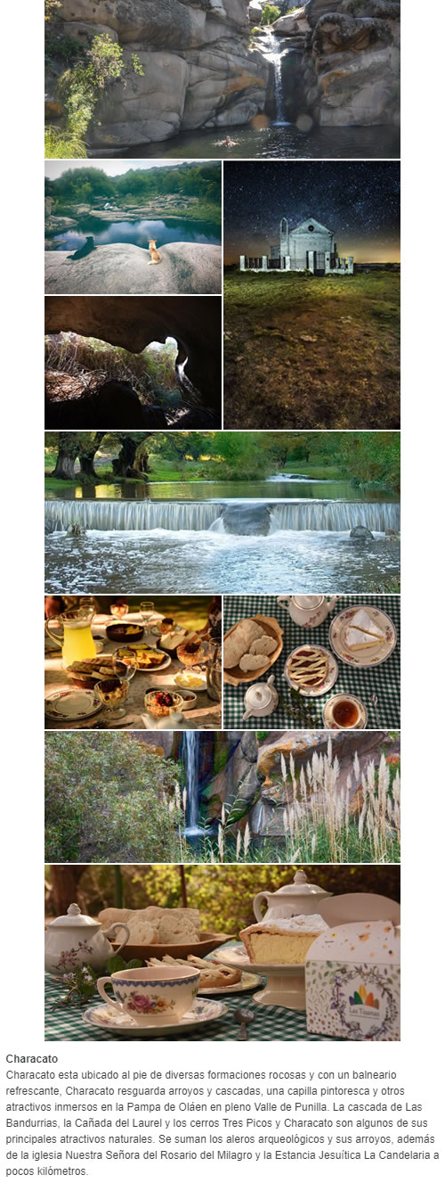 Characato esta ubicado al pie de diversas formaciones rocosas y con un balneario refrescante, Characato resguarda arroyos y cascadas, una capilla pintoresca y otros atractivos inmersos en la Pampa de Oláen en pleno Valle de Punilla. La cascada de Las Ban