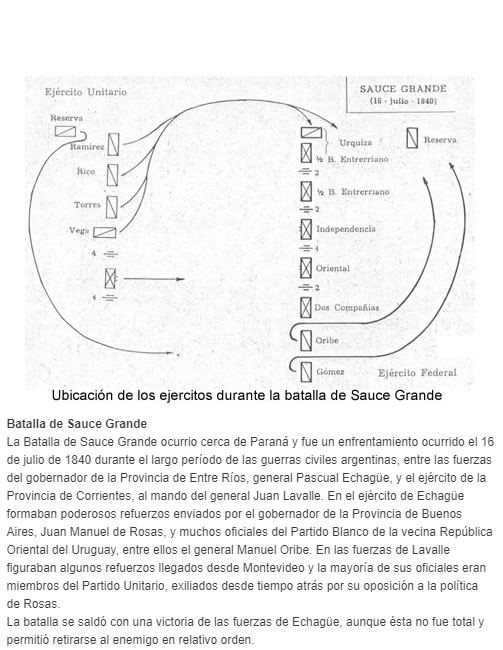 La Batalla de Sauce Grande ocurrio cerca de Paraná y fue un enfrentamiento ocurrido el 16 de julio de 1840 durante el largo período de las guerras civiles argentinas, entre las fuerzas del gobernador de la Provincia de Entre Ríos, general Pascual Echag